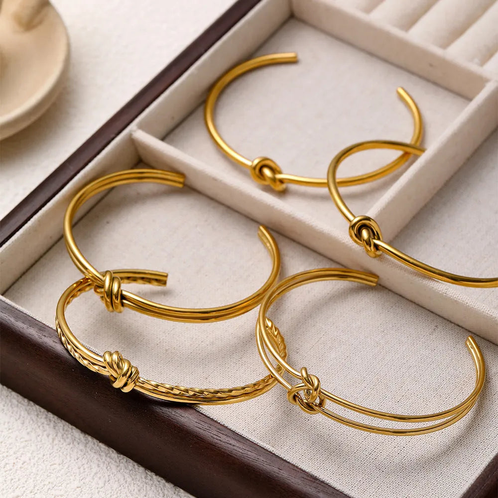 Women's adjustable knotted C-shaped open double-layer stainless steel bracelet with gold plating