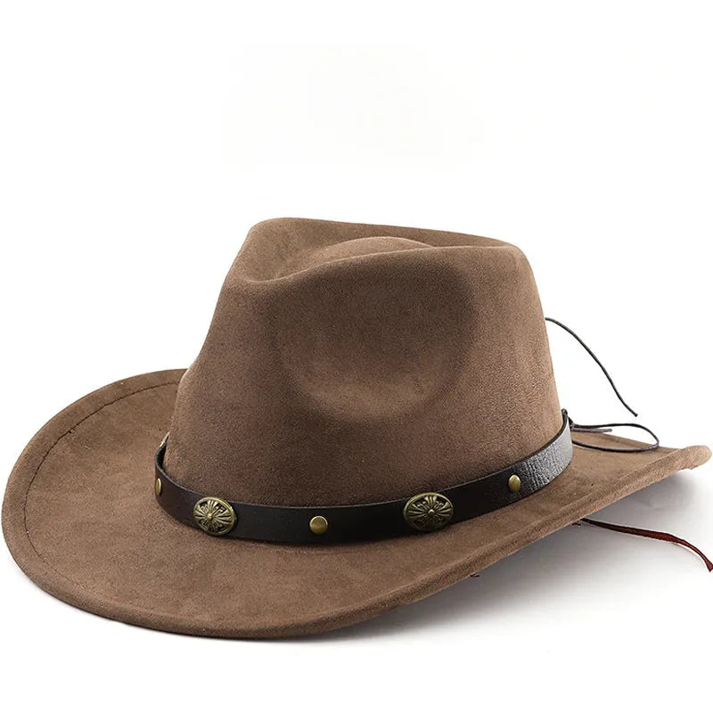 Brown leather velvet cowboy hat with a curved edge and conical crown on a plain background.