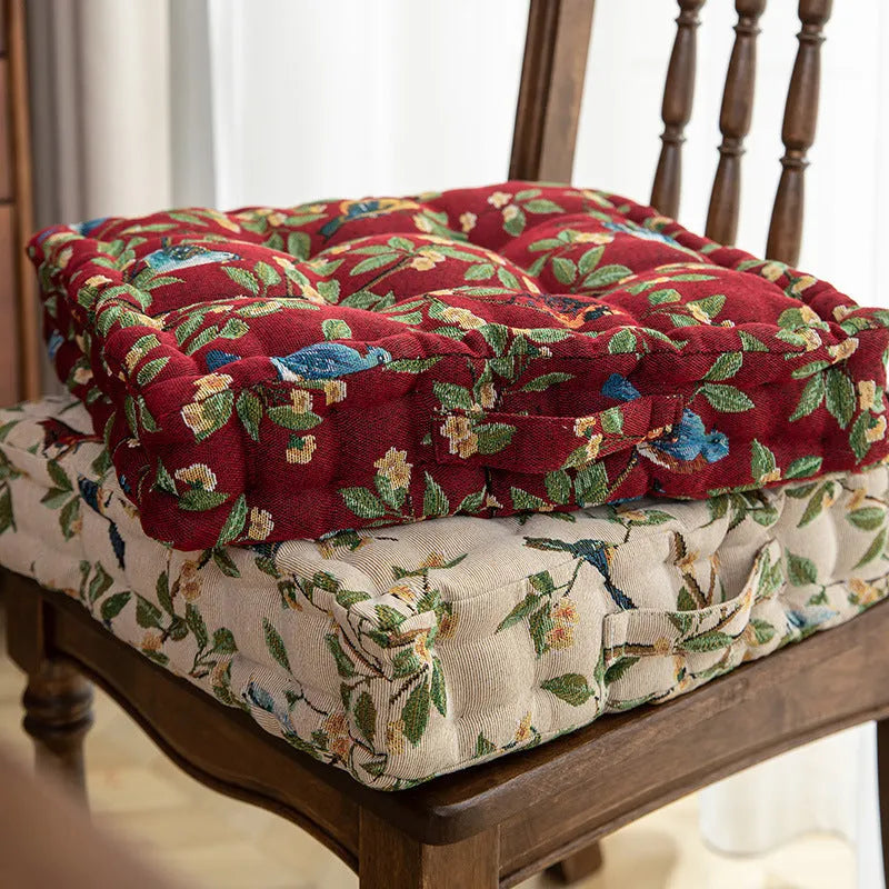 American-style square dining chair back cushion with floral pattern showing 8cm thickness
