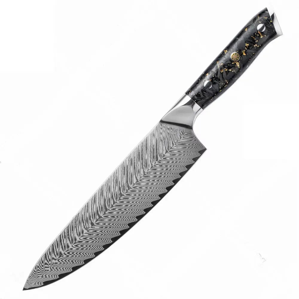 Eight-piece Damascus steel kitchen knife set showing fishbone pattern and different blade sizes