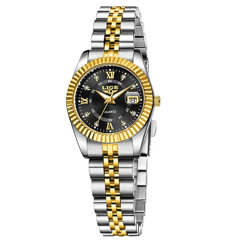 Women's waterproof quartz watch with stainless steel case in gold and silver colour variations