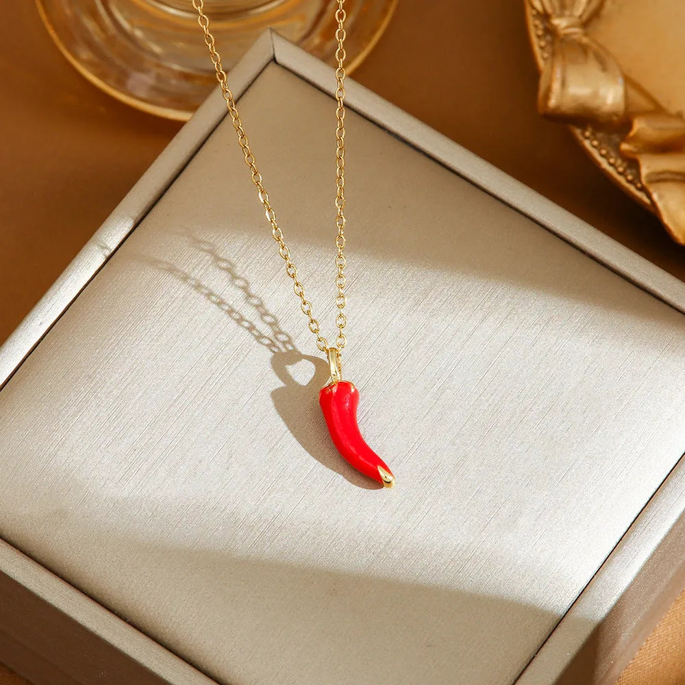 Titanium steel women's necklace with golden cherry pendant and O-ring chain design