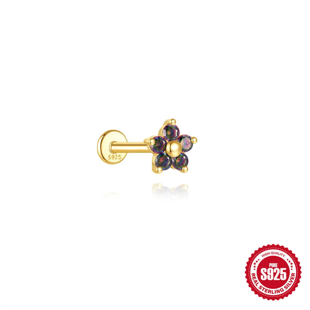 S925 sterling silver flat head thread piercing with a shiny rainbow stone in a gold setting.