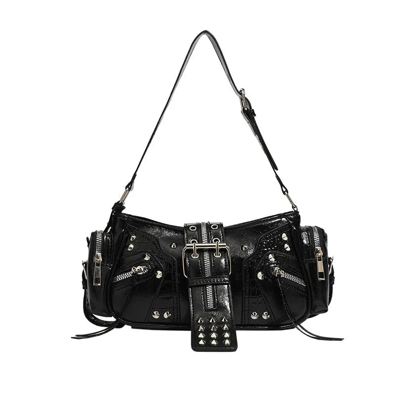 Black dumpling-shaped retro handbag with oil wax PU leather showing three-dimensional pockets and shoulder strap