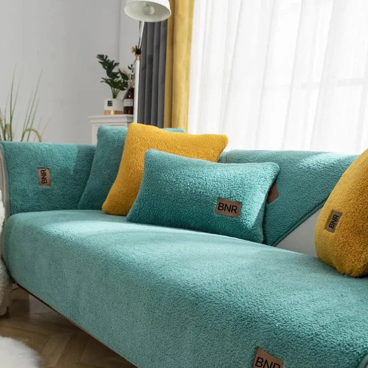 Lambswool machine washable sofa cover in solid colour with stain-resistant fabric
