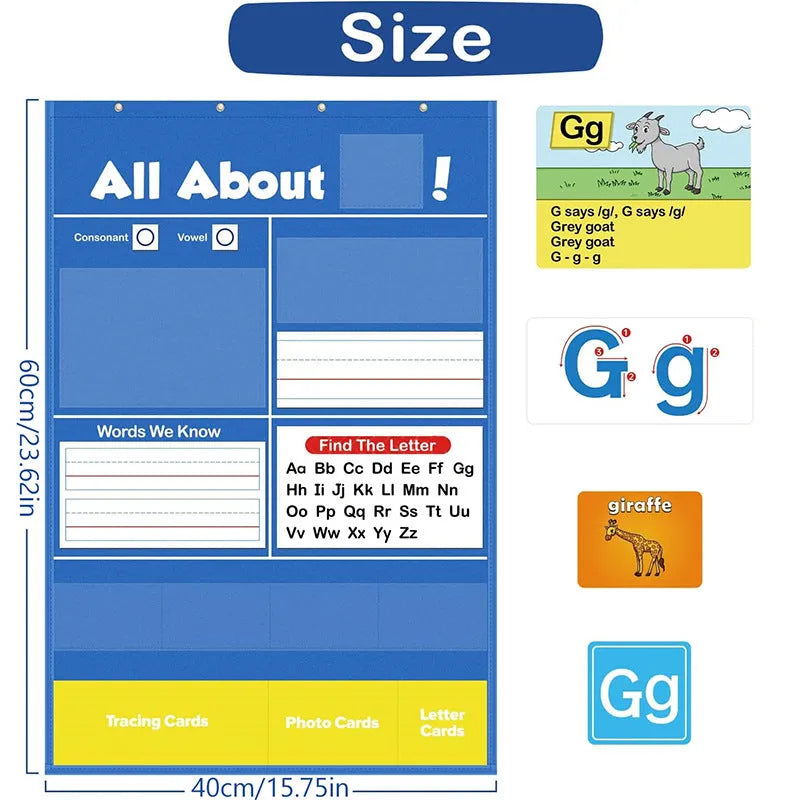 Creative Letters Learning Sleeve Table Chart measuring 60x40cm with word cards, letter cards, picture cards, and letter songs