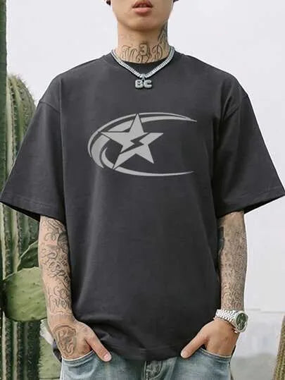 Men's pure cotton short sleeve T-shirt with Japanese retro style printing in solid colours