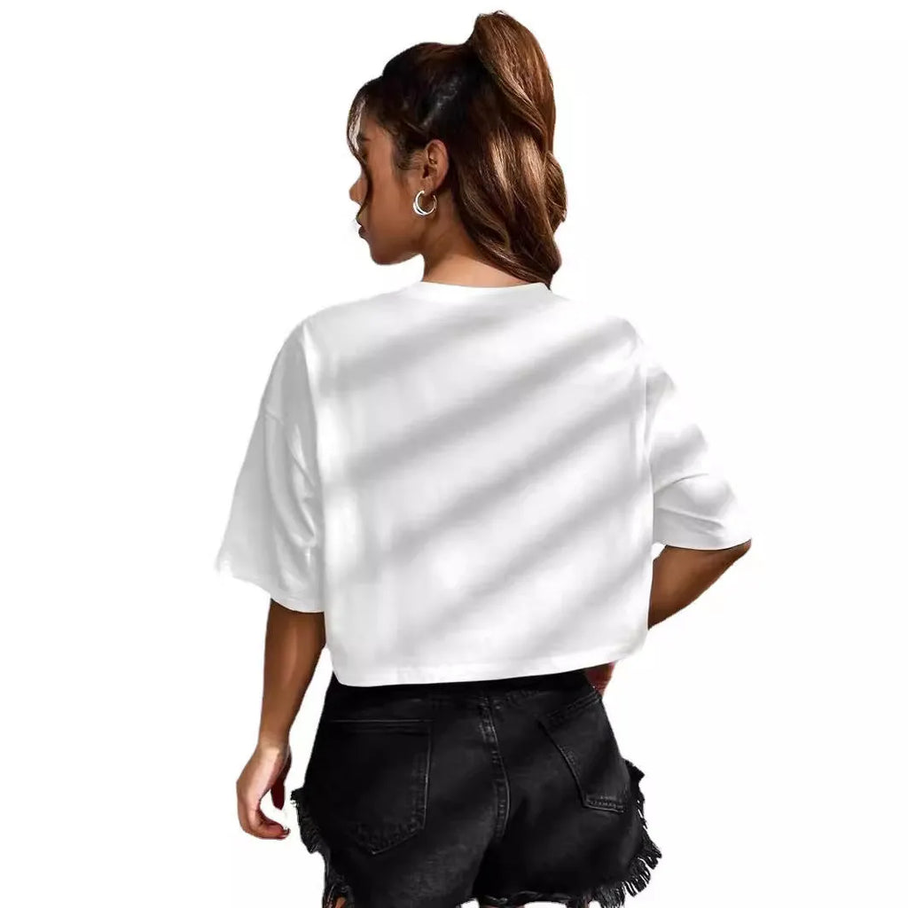 Women's personalised English letters summer t-shirt with exposed navel design in loose cotton fabric