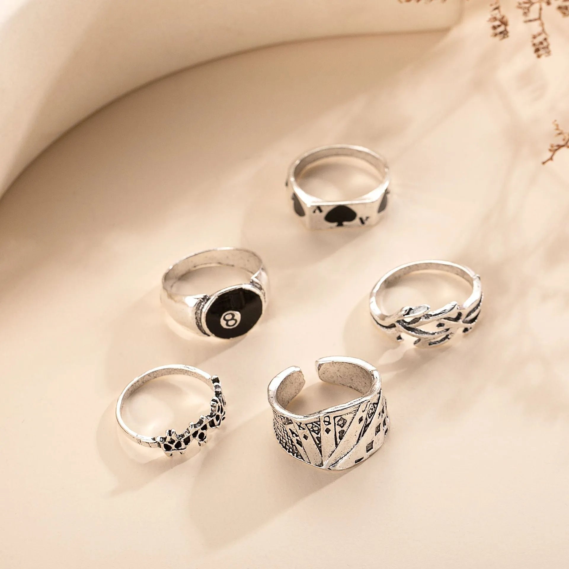 Black adjustable ring with retro spade card design for women