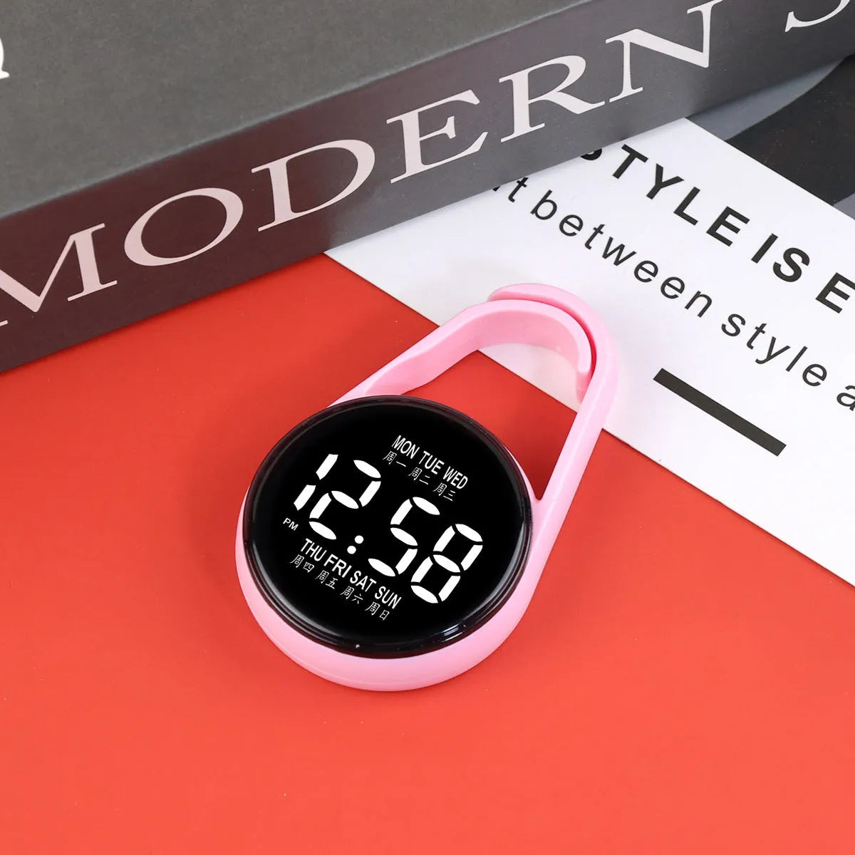 LED electronic watch with digital week display on an adjustable plastic strap, shown in various colours.
