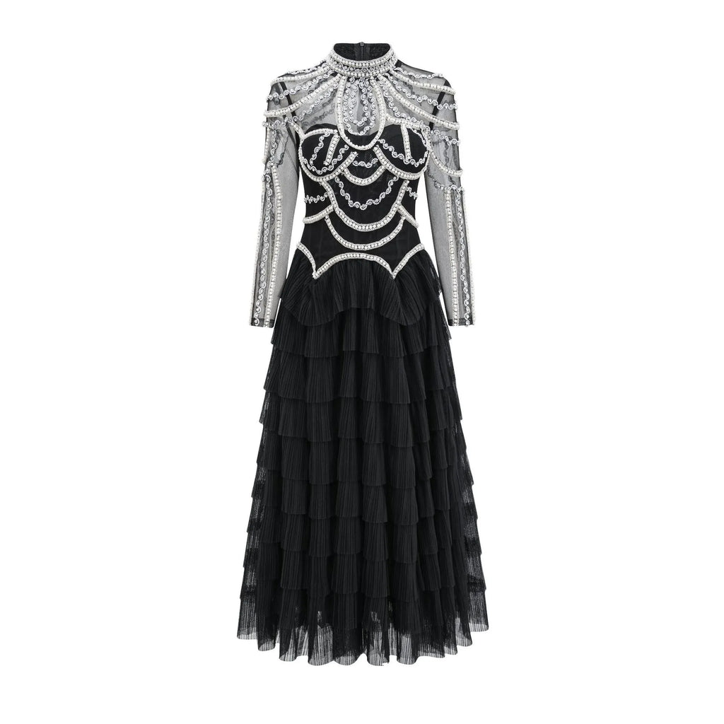 Women's black polyester beaded dress with three-dimensional decoration and long sleeves