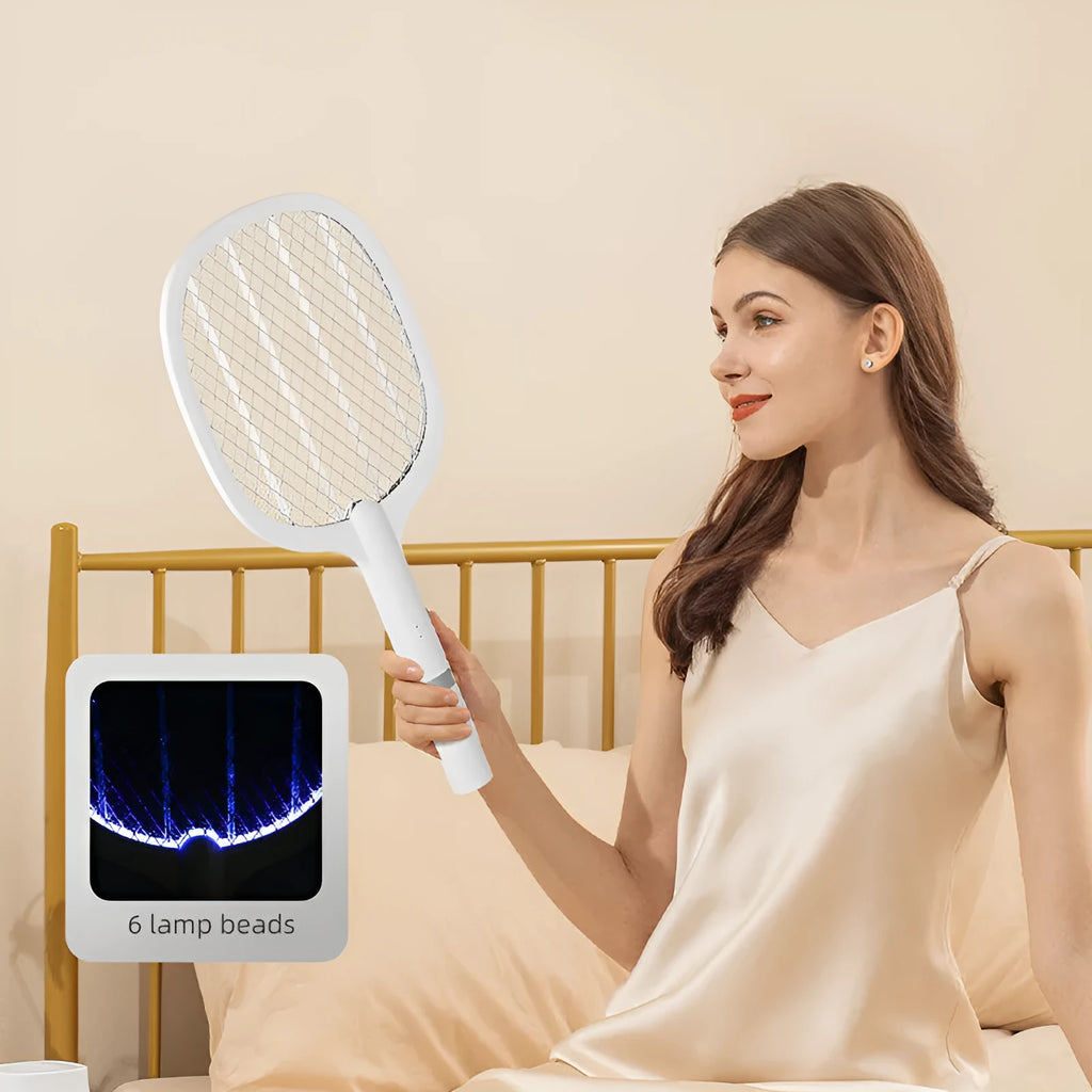 Purple and blue rechargeable electric mosquito swatters for indoor use.