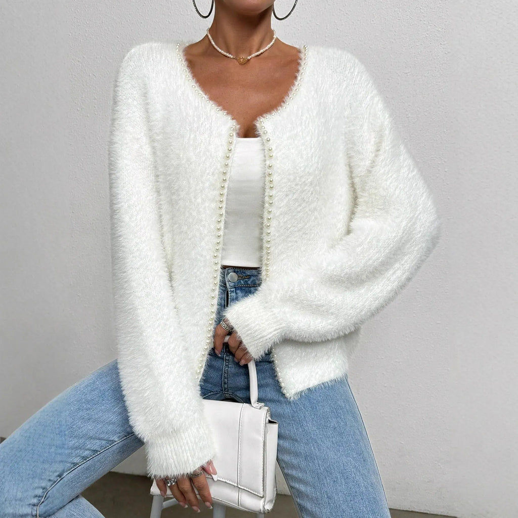 Women's white V-neck cardigan with beaded knit detail, medium thickness, 50cm length