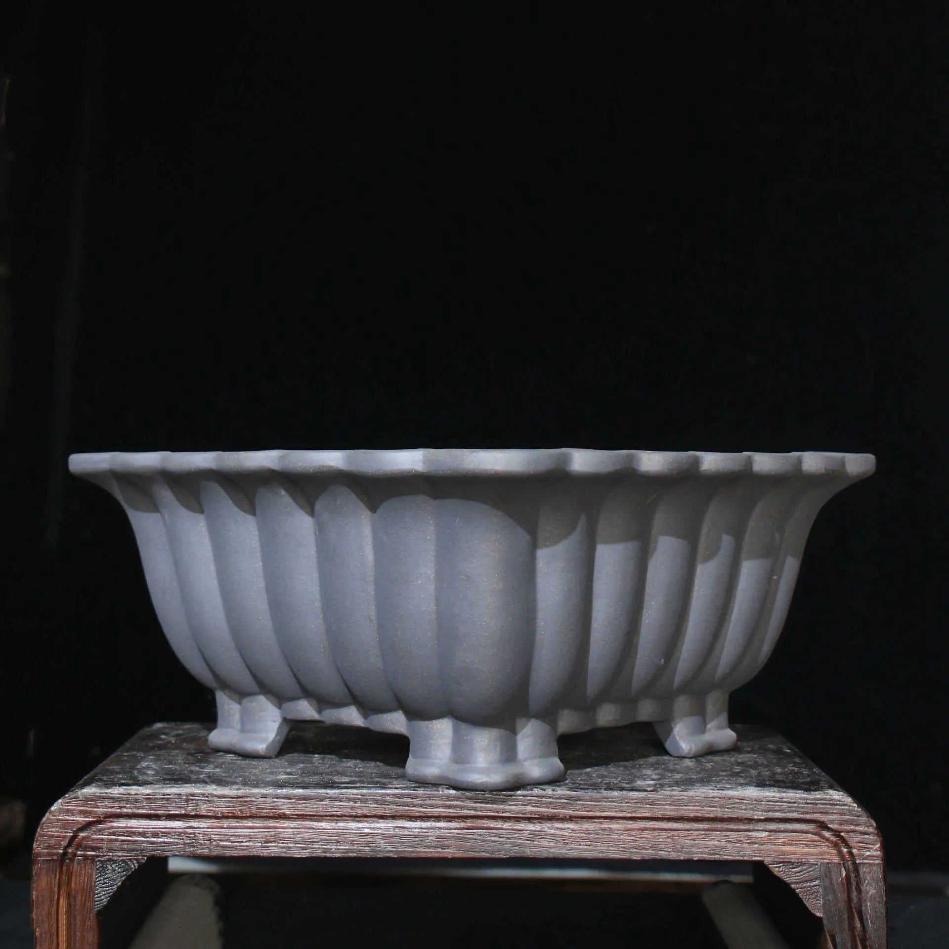 Purple sand ceramic square bonsai pot with classical design on desktop