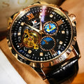 Large dial hollow automatic mechanical watch with rose gold shell black surface and genuine leather strap