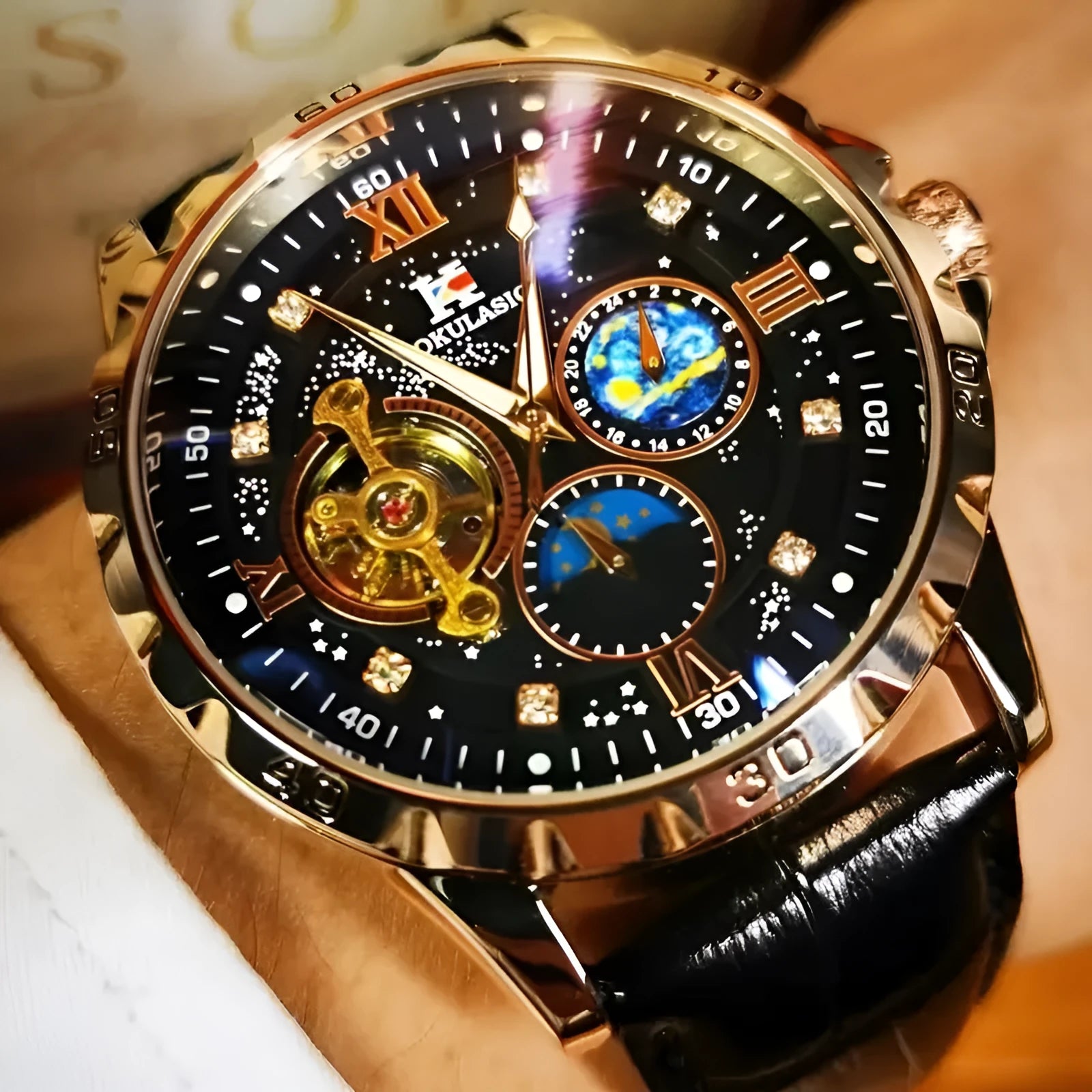 Large dial hollow automatic mechanical watch with rose gold shell black surface and genuine leather strap