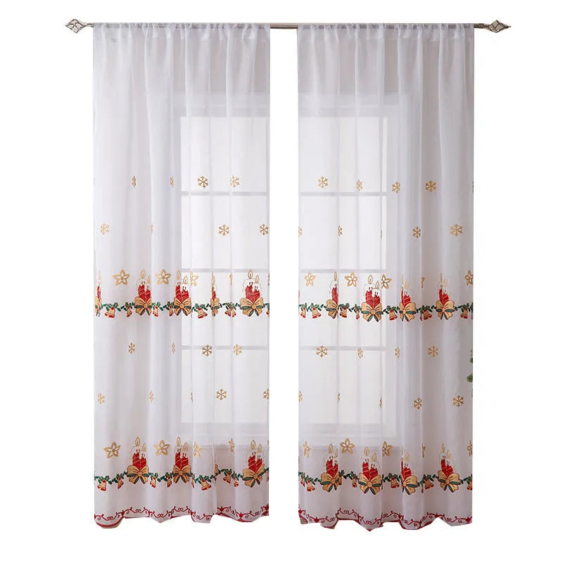 Pair of white Christmas curtains with red and green embroidered American-style snowflake design.