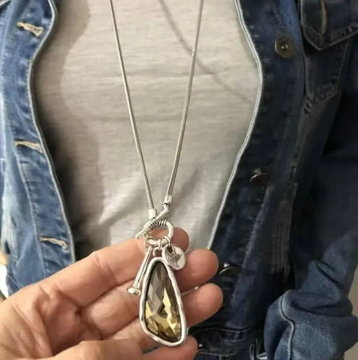Geometric pendant sweater chain necklace with snake bone chain in water drop colours