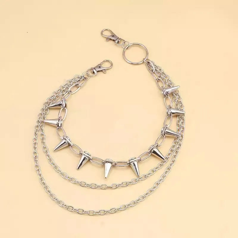 Silver metal double layer pants chain with rivet details and a zipper pendant ornament.