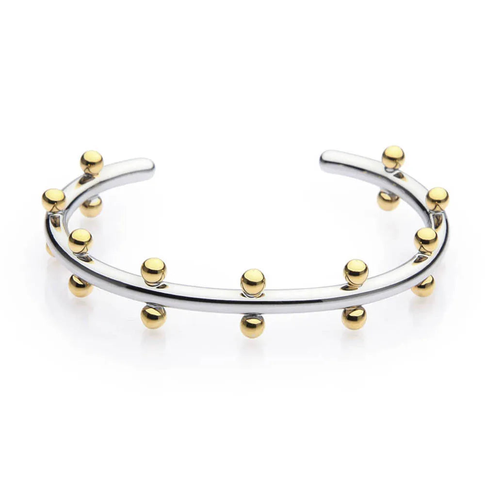 C-shaped textured rivet bean bead charm bracelet in gold, steel, or two-tone finish on an alloy chain.