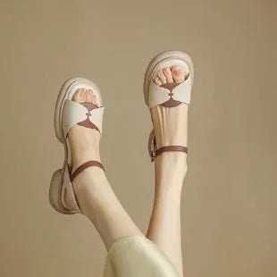 Women's chunky heel platform open toe sandals in renewable leather with rubber soles