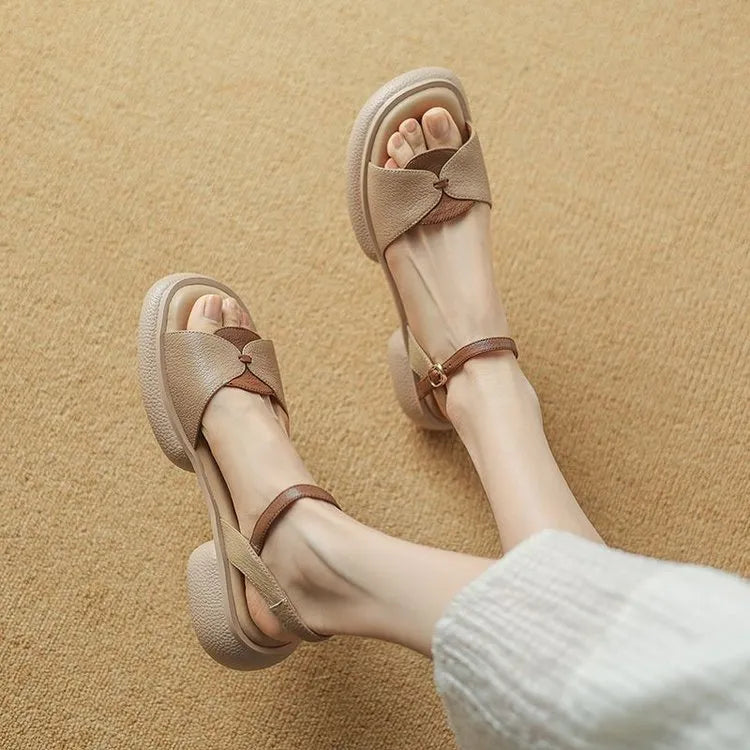 Women's chunky heel platform open toe sandals in renewable leather with rubber soles