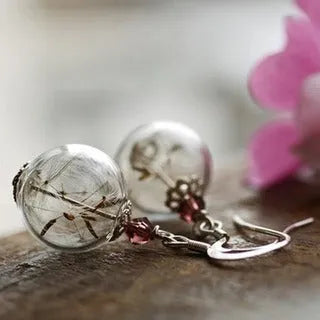 Transparent glass ball earrings with dandelion seed design on silver French hooks