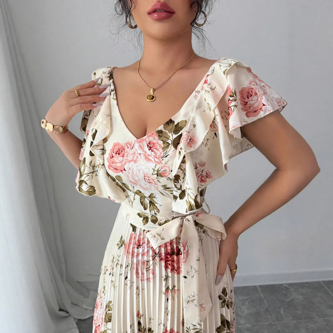 Women's apricot floral print dress with V-neck, ruffled sleeves and oversized swing skirt