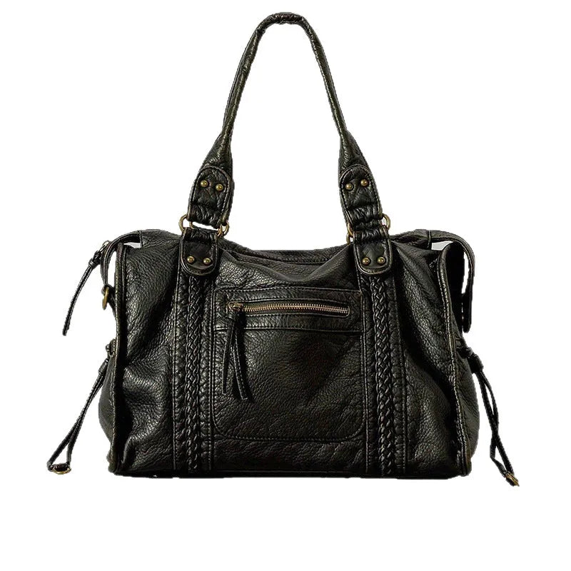 Women's retro motorcycle shoulder messenger bag in soft PU leather with woven design and internal organisation pockets