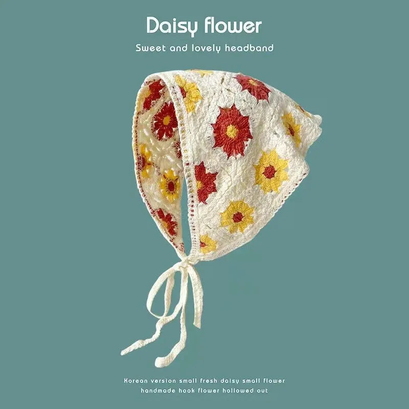Women's cotton triangular headscarf with floral pattern in French retro style for autumn winter wear