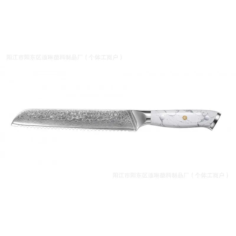 Damascus pattern VG10 steel combined chef's knife with 21cm blade on wooden surface