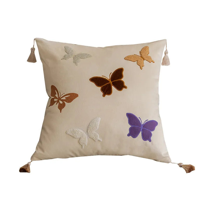 Square beige cushion with black and purple Chinese butterfly embroidery