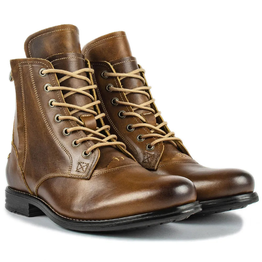 Knight Series men's two-tone leather boot with side zipper in black, showing low heel and mature style.