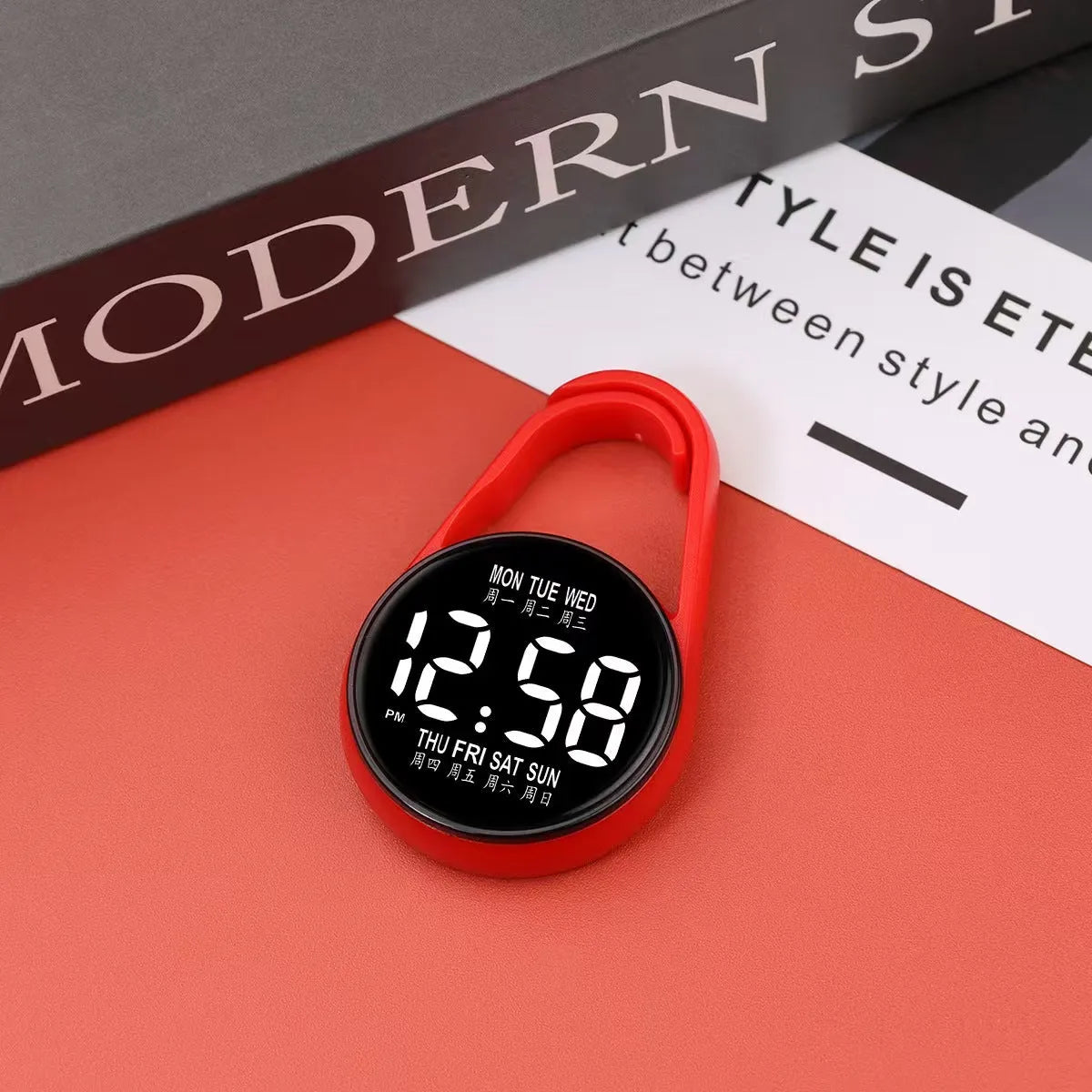 LED electronic watch with digital week display on an adjustable plastic strap, shown in various colours.