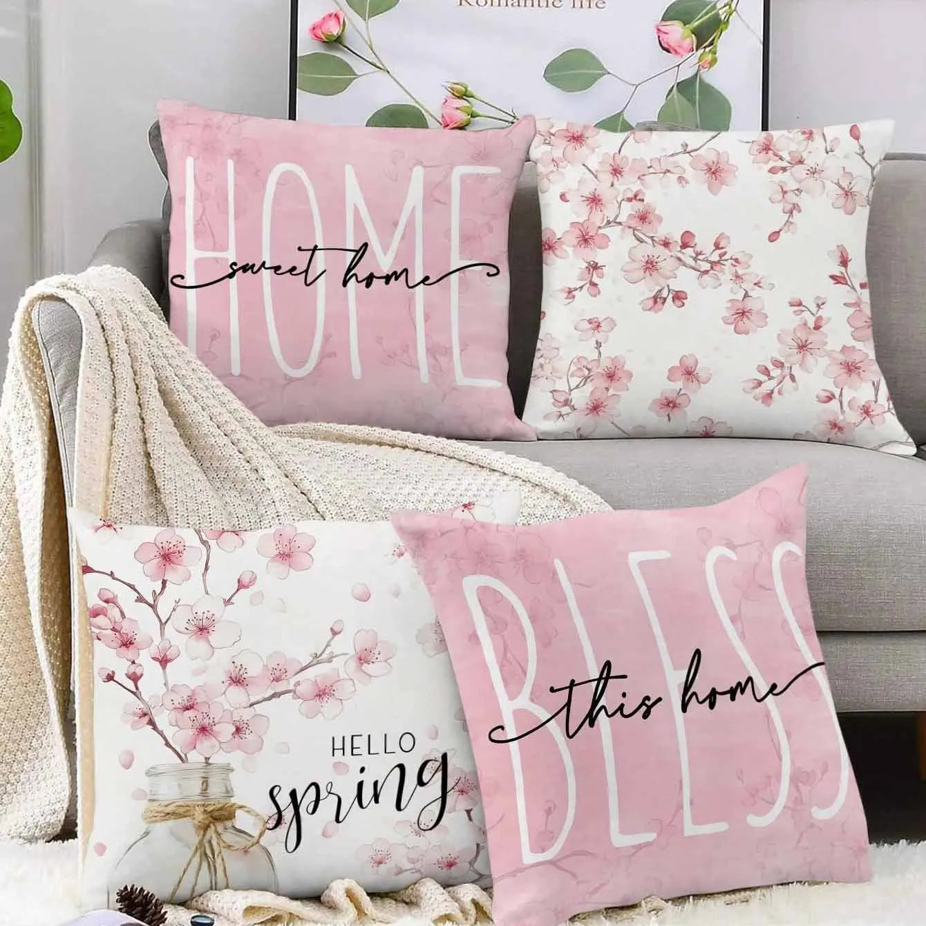 45x45cm short velvet cushion cover with cherry blossom letter design in four colour options