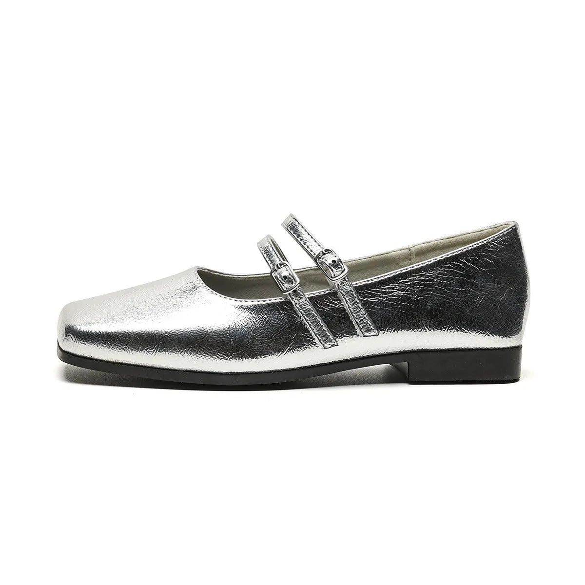 Genuine leather women's ballet slipper pumps with cross-buckle strap in silver colour