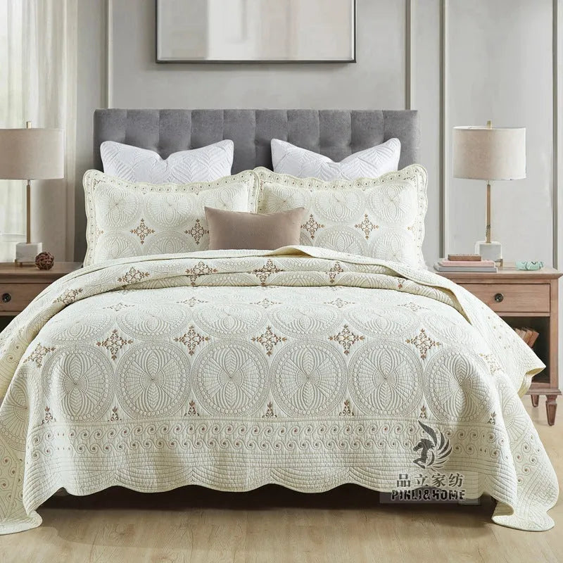 Pure cotton embroidered bed cover three-piece set with pleating details for 1.8 metre beds