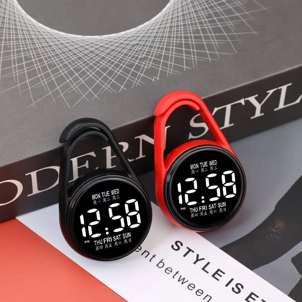 LED electronic watch with digital week display on an adjustable plastic strap, shown in various colours.