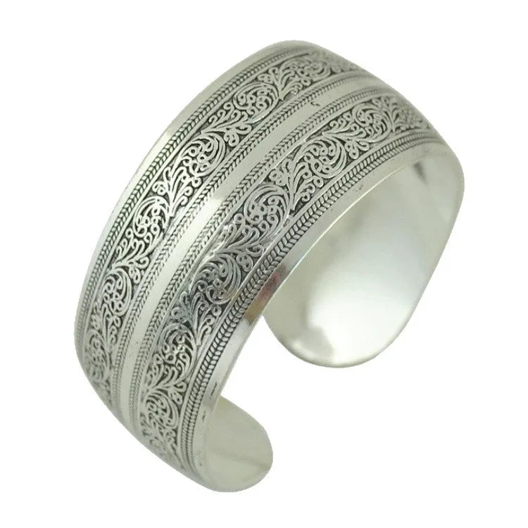 Open carved Miao-style silver alloy bracelet with Roman shape in turtle colour option