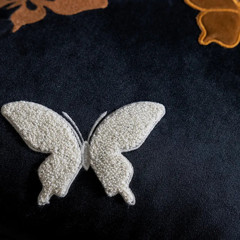Square beige cushion with black and purple Chinese butterfly embroidery