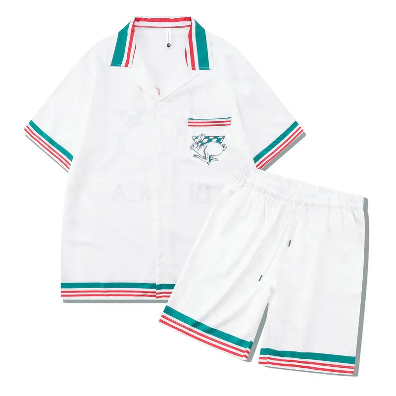 Plaid print beach short sleeve shirt and pants outfit set in European American style