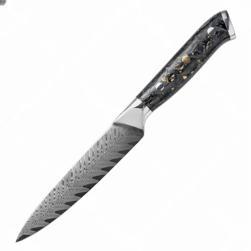 Eight-piece Damascus steel kitchen knife set showing fishbone pattern and different blade sizes