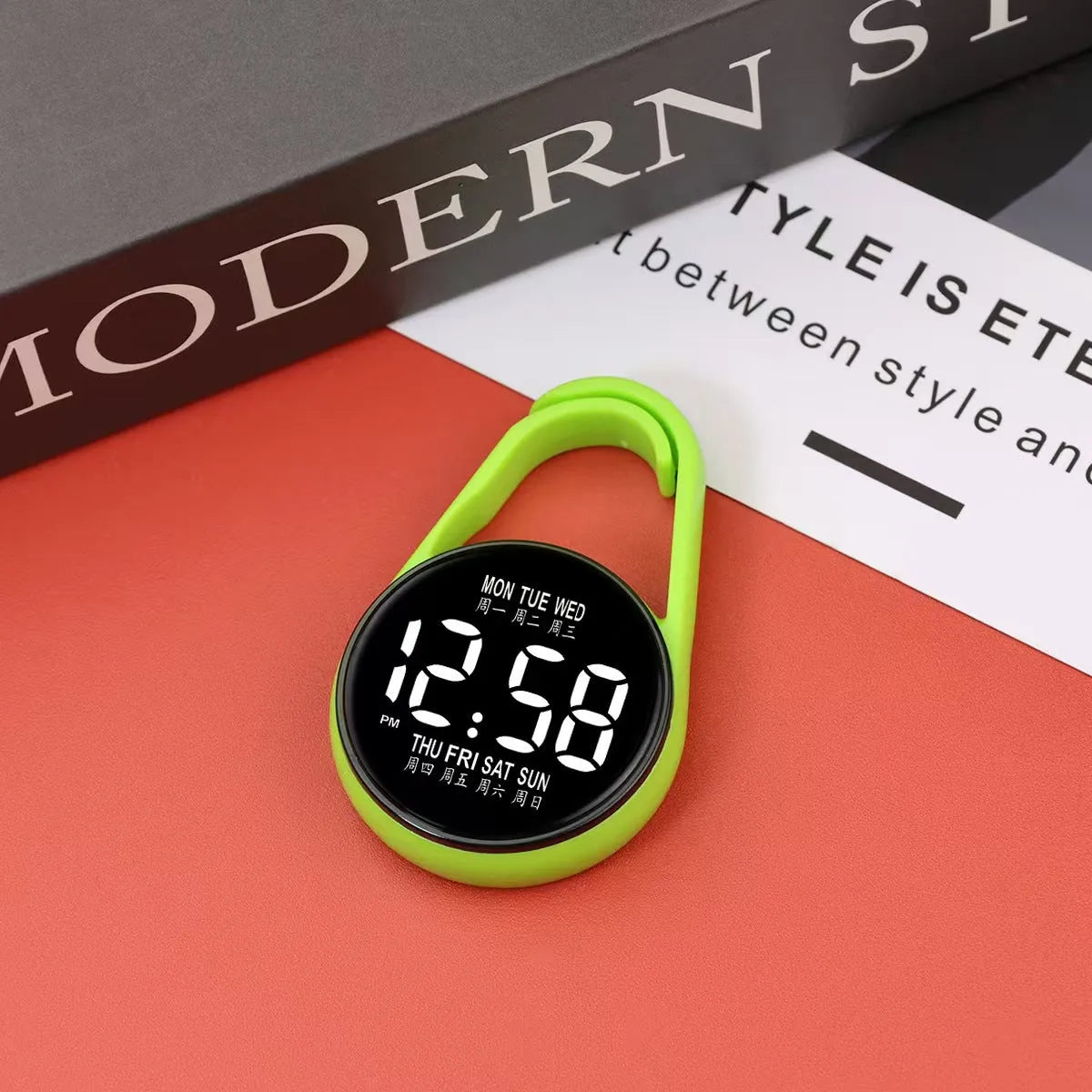 LED electronic watch with digital week display on an adjustable plastic strap, shown in various colours.