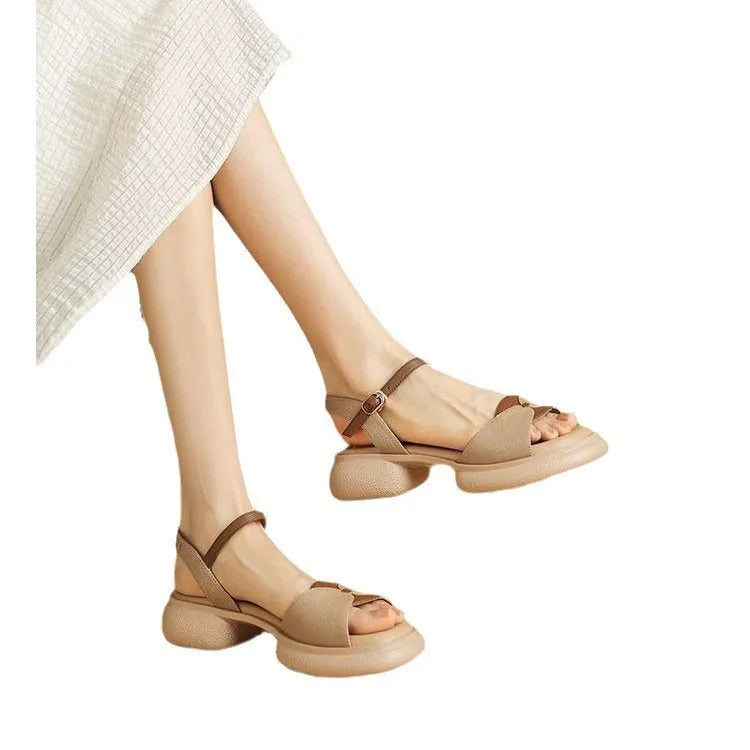 Women's chunky heel platform open toe sandals in renewable leather with rubber soles