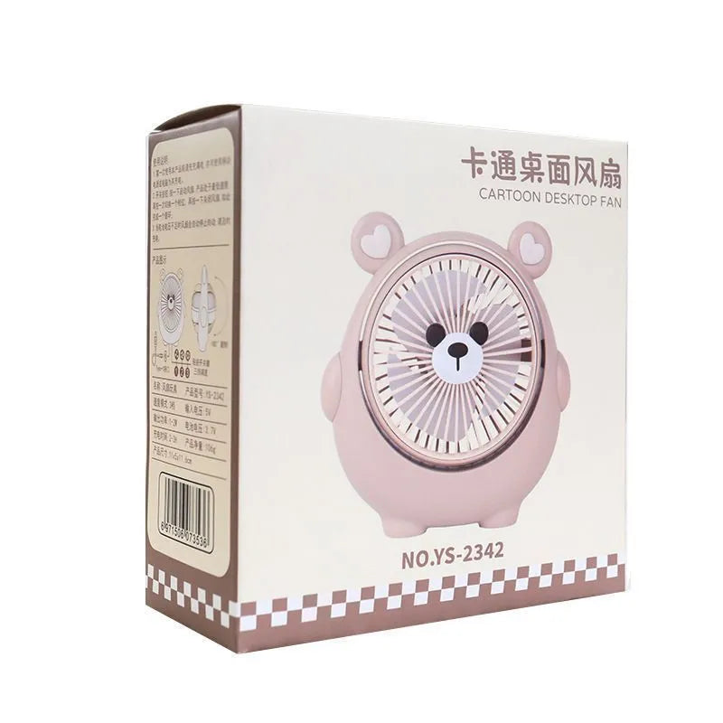 Cute dog-themed USB desk fan for pets with three speed settings on a desktop