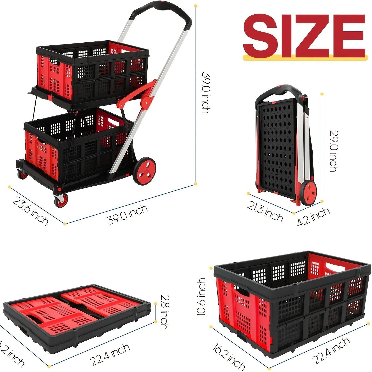 Foldable plastic shopping trolley with double-layer basket shown in blue, purple, pink, and red colour options.