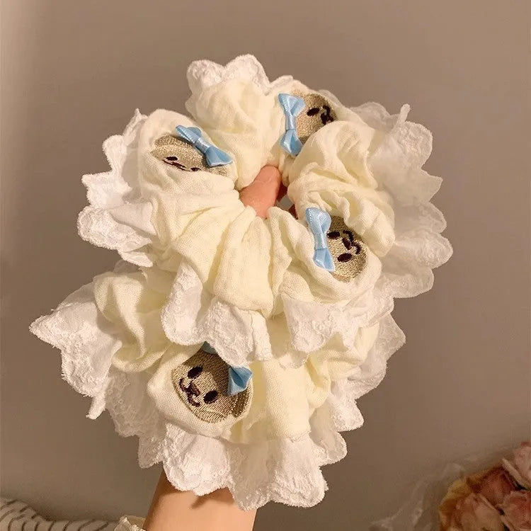 Blue bow lace large intestine hair ring with bear charm decoration, polyester elastic scrunchie for thick hair
