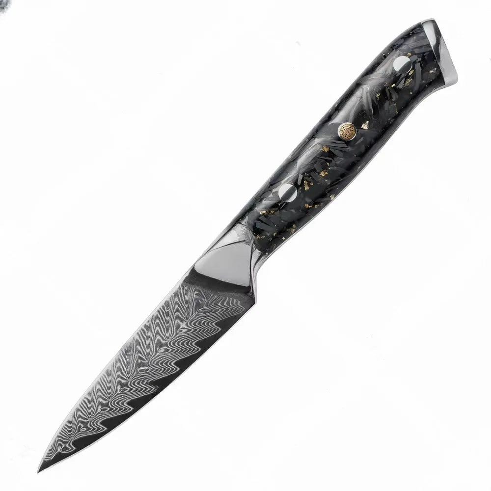Eight-piece Damascus steel kitchen knife set showing fishbone pattern and different blade sizes