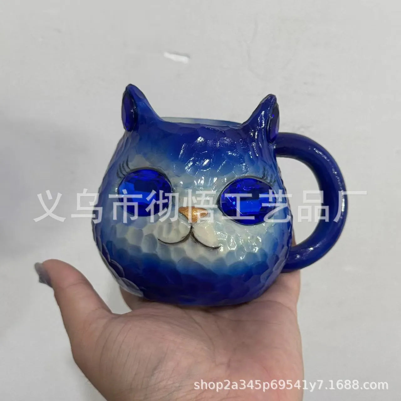 Crystal Earth Cat Cup resin craft decorative object in purple, green, blue, or pink colours.