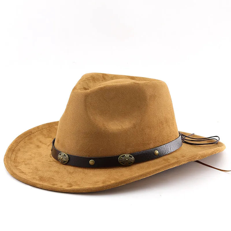 Brown leather velvet cowboy hat with a curved edge and conical crown on a plain background.